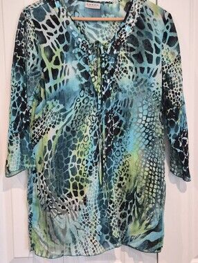 C.A.N.D.A C&A Sheer Animal Print Tunic Top Blue Green Jeweled Lace V-Neck Large